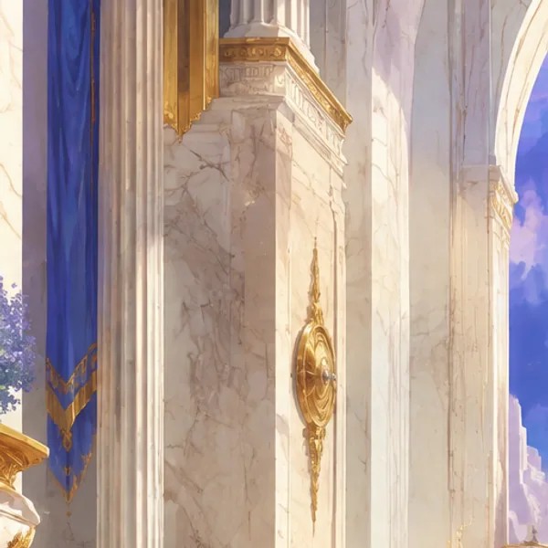 Original contemporary composition of broad stone steps, columns and an invented luminous central arch